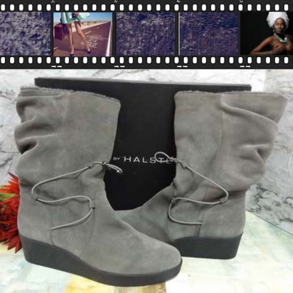 NEW H by Halston Suede Wedge Boots wi/ Faux Fur 10